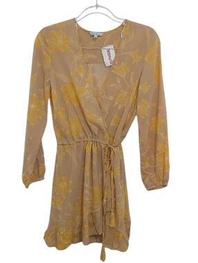 blue island Yellow And Beige Wrap Ruffled Dress with Yellow Floral Print XS New